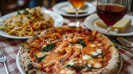 A close-up view of a pizza on a plate, sitting elegantly on a table.