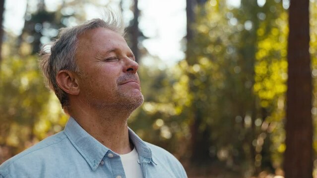 Peaceful senior retired man relaxing standing amongst nature in forest surrounded by trees with closed eyes breathing deeply - shot in slow motion