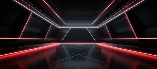 A dark room illuminated by a red light coming from the ceiling, creating a futuristic and surreal atmosphere. An empty billboard is mounted on the wall, adding to the abstract and mysterious ambiance
