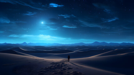 A moonlit desert landscape with vast dunes under a starry sky, a lone traveler with a silhouette against the horizon Generative AI