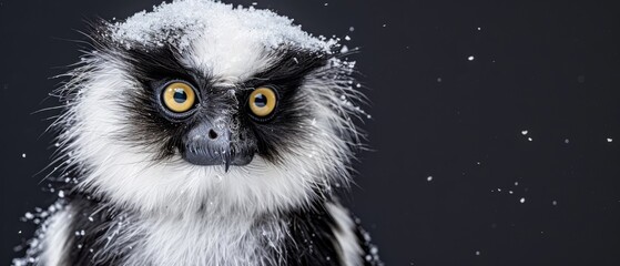  a close up of a black and white monkey with snow all over it's face and a black background. - obrazy, fototapety, plakaty