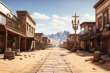 An old western town with a cross on the street. Suitable for historical or religious themes