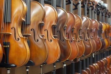 Multiple violins and a viola are hanging neatly on a wall in a row.