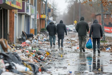 A group of people walking down a litter-strewn street, surrounded by trash, reflecting on a harsh reality of poverty.