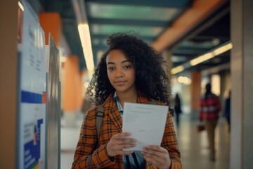 Young Black woman standing in college hallway, holding paper. - obrazy, fototapety, plakaty