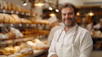 A man proudly stands in front of a display of freshly baked goods, showcasing his culinary creations with a smile.