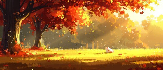 a painting of a dog sitting in the grass under a tree in a park with fall leaves on the ground.