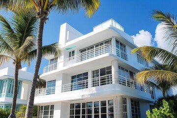 Fototapeta na wymiar A modern Art Deco style white building stands amidst palm trees.