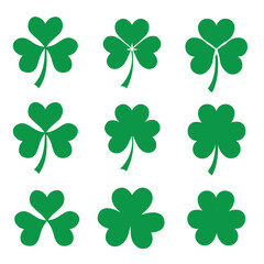 Set of four green clover leaves isolated on white background. St. Patrick's Day. Vector illustration.