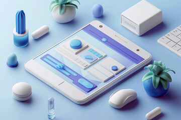 A sleek tablet computer positioned on top of a striking blue table.