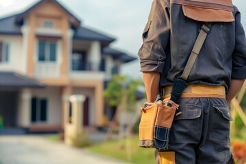 A man equipped with a tool belt on his back stands in front of a house.