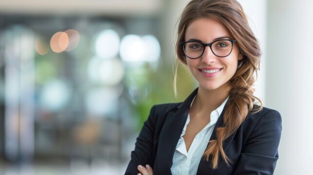 Professional woman standing in office - Smart businesswoman with glasses and braid posing confidently in an office environment