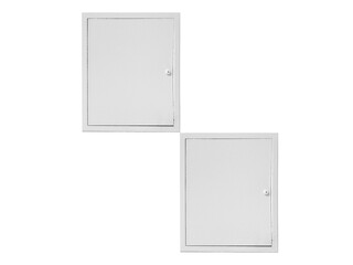 Two white electric meter boxes is isolated on a transparent background.	