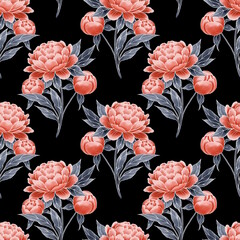 Peonies seamless floral pattern. Red flowers. Black background. - 754481659