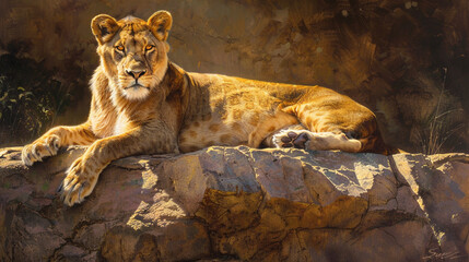  A majestic lioness lounging on a sunlit rock, her amber eyes glistening in the golden light