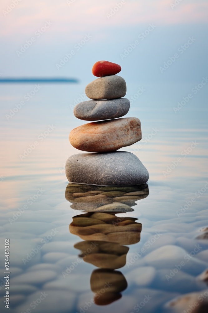 Poster a stack of rocks on top of a body of water, perfect for nature and relaxation concepts
