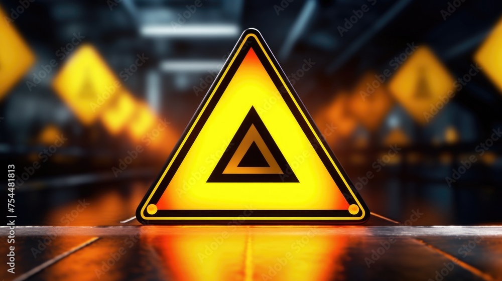 Aufkleber A yellow triangular sign displayed on a table. Suitable for various concepts