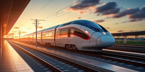 A train moving down tracks beside a station. Suitable for transportation concepts