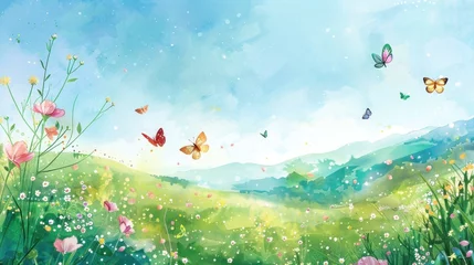 Raamstickers Springtime Watercolor Scene - Capture the essence of spring in a whimsical watercolor scene with lush green hills, clear blue sky, and playful butterflies among blooming flowers. © Postproduction