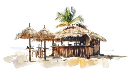 Tropical beachside bars with thatching straw roofs, inviting vacationers to relax and enjoy the laid-back atmosphere during the holiday season.