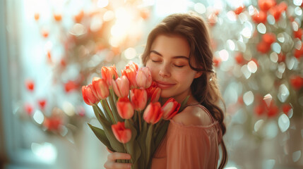 Blühende Zuneigung: Junge Frau genießt den Duft von Tulpen