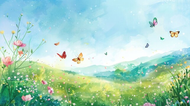 Springtime Watercolor Scene - Capture the essence of spring in a whimsical watercolor scene with lush green hills, clear blue sky, and playful butterflies among blooming flowers.