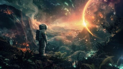 Fototapeta premium Lone astronaut exploring a breathtaking alien landscape with double sun, bioluminescent flora, and strange rock formations.