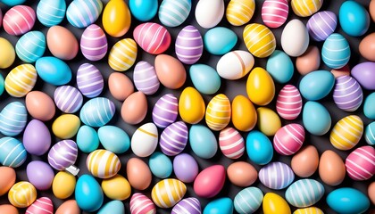 Fototapeta na wymiar Multitude of colorful chocolate easter eggs background, aerial view, stripes patterns painting