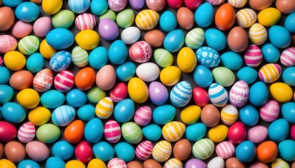 Fototapeta na wymiar Multitude of colorful chocolate easter eggs background, aerial view