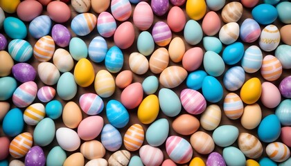 Obraz premium Multitude of colorful chocolate easter eggs background, aerial view