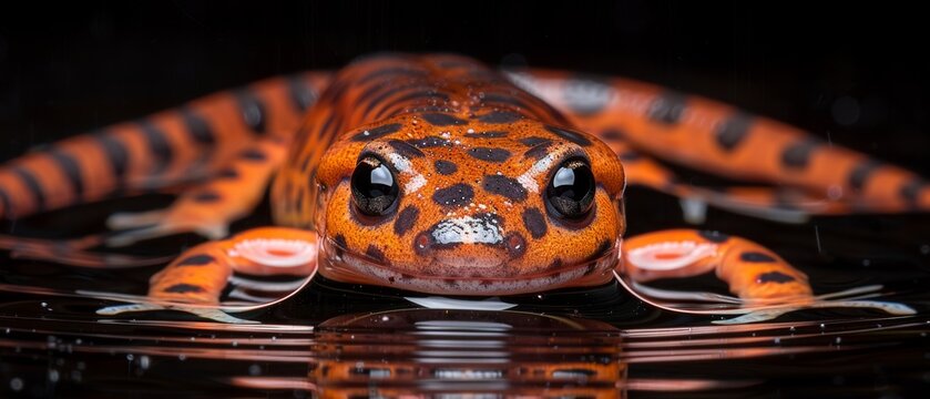  a close up of an orange and black frog on a black surface with a reflection of it's head in the water.