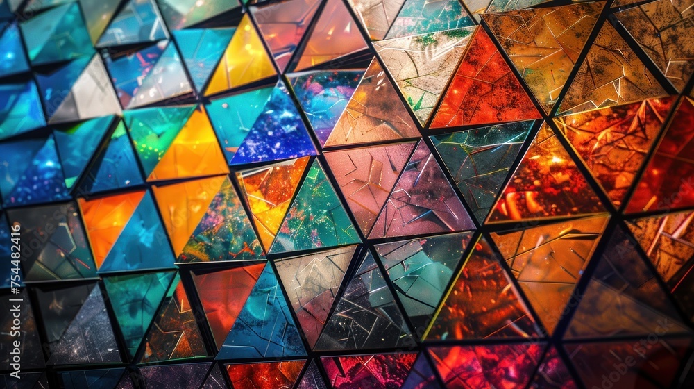 Poster dynamic composition of vibrant triangles with unique textures and patterns, creating a sense of dept
