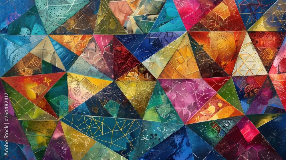 Poster mesmerizing kaleidoscope of vibrant triangles with unique textures and patterns, creating dynamic co