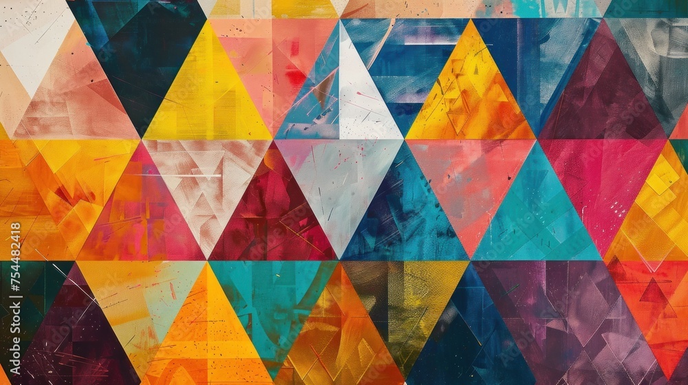 Poster vibrant kaleidoscope of triangles with unique textures and patterns creating a captivating compositi