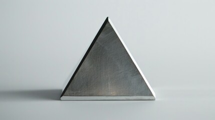 Polished metal triangle resting against a stark white backdrop.