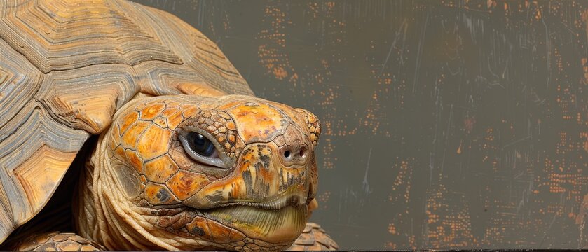  a close up of a tortoise looking at the camera with a grungy wall in the background.