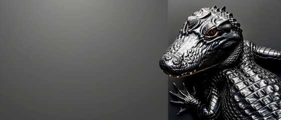  a close up of a statue of a crocodile on a gray background with a black background and a black background. - obrazy, fototapety, plakaty