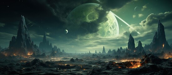 Fantasy landscape with green planet.