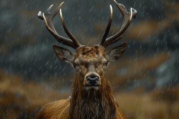 Close-up shot of a deer standing in the rain. Perfect for nature and wildlife themes