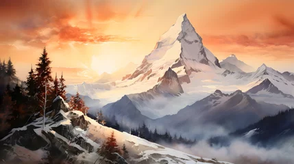 Fotobehang A snowy mountain peak at sunrise, the sky ablaze with warm colors, painting the serene and majestic beauty of a winter landscape Generative AI © FaiajMahmud