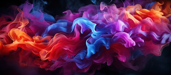 vibrant clash of colors in a fluid, smoke-like form, combining shades of purple, blue, and orange, conveying a sense of movement and abstract beauty
