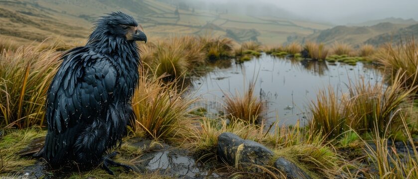 a large black bird sitting on top of a lush green field next to a pond of water on a foggy day.
