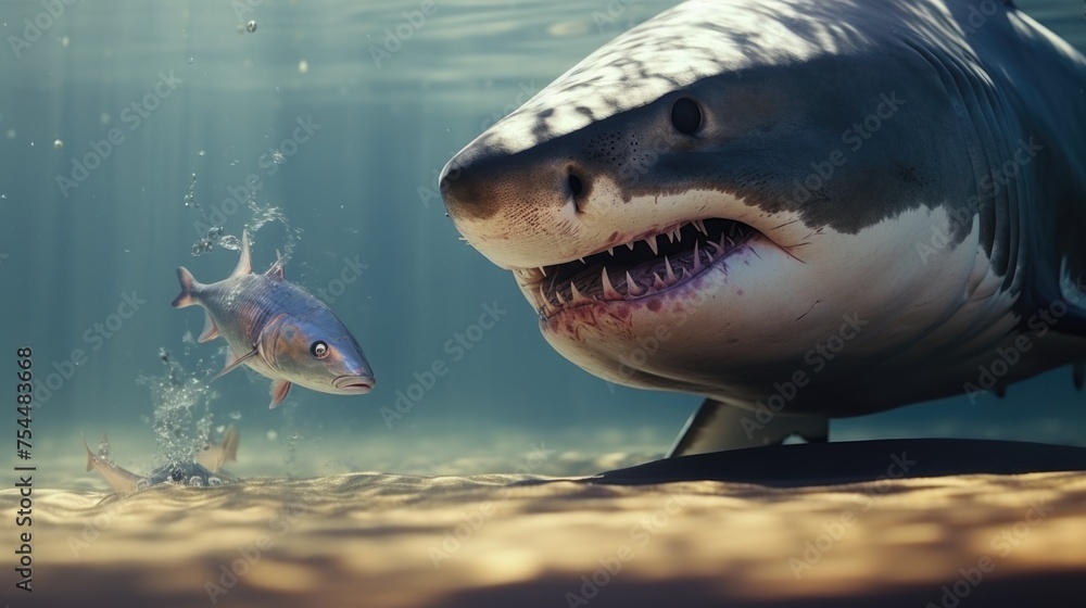 Poster a shark with its mouth open, ready to catch a fish. perfect for illustrating predator-prey relations