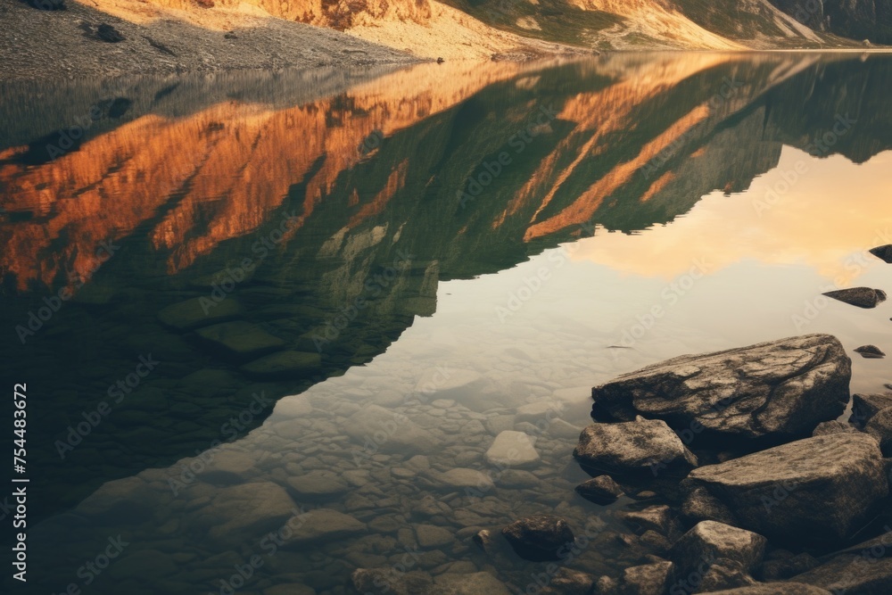 Poster scenic view of a mountain with a body of water and rocks in the foreground. suitable for travel and 