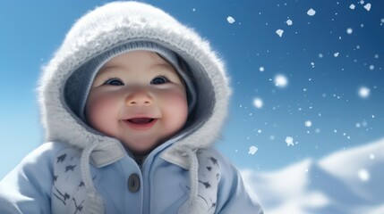 A child in cozy knitted clothes with a hood smiles against the blue sky on a winter day