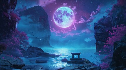 Full moon reflects on sea, illuminating stone altar in moon worship ceremony.