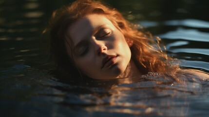 A woman floating in water with eyes closed. Suitable for relaxation or spa concept