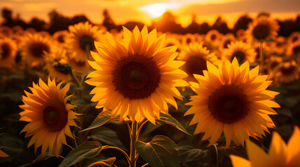 Obraz premium A sunflower field in a golden hour, bathed in warm sunlight, the petals glowing with a radiant glow Generative AI