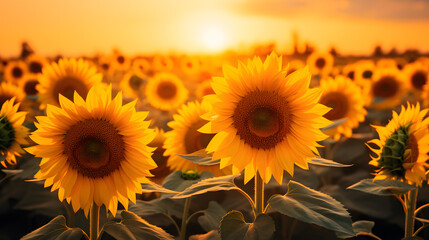 Obraz premium A sunflower field in a golden hour, bathed in warm sunlight, the petals glowing with a radiant glow Generative AI