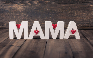 mum, mother's day card, greeting card with red hearts and white letters - 754483829